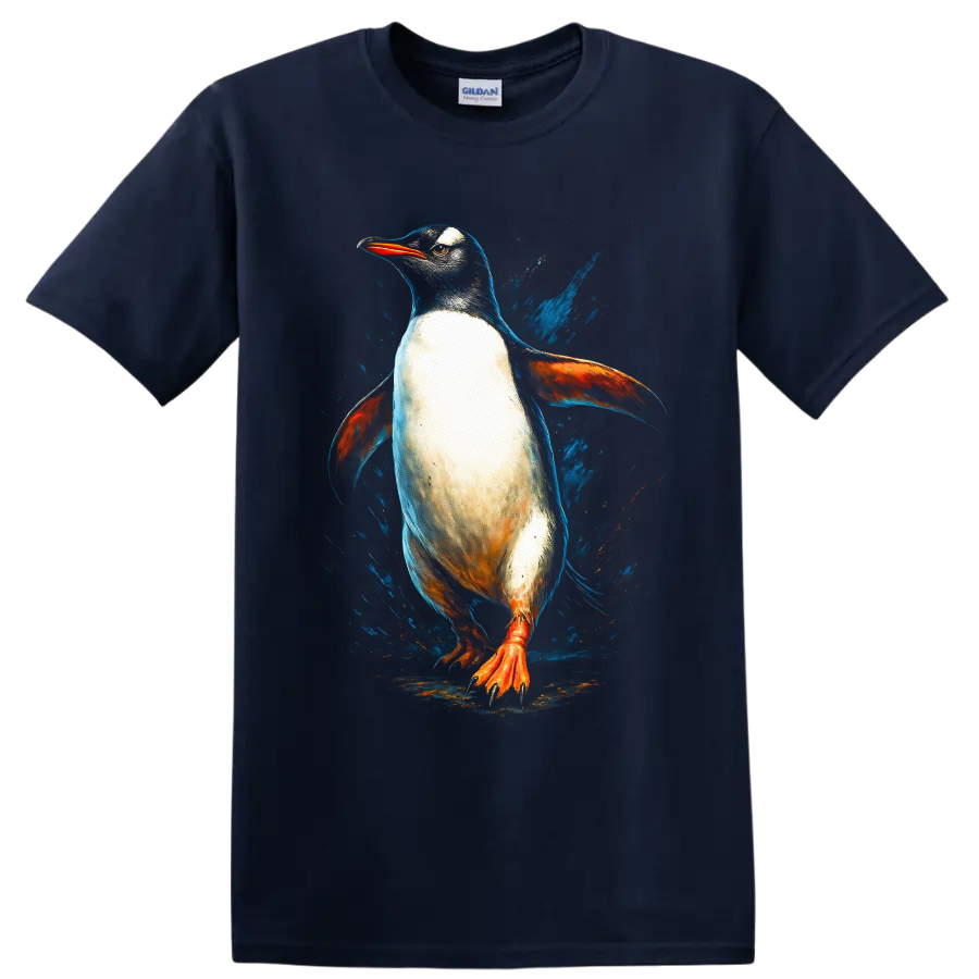 Dynamic Gentoo penguin in colorful painterly wildlife art with blue splashes on a Navy (Blue) T Shirt