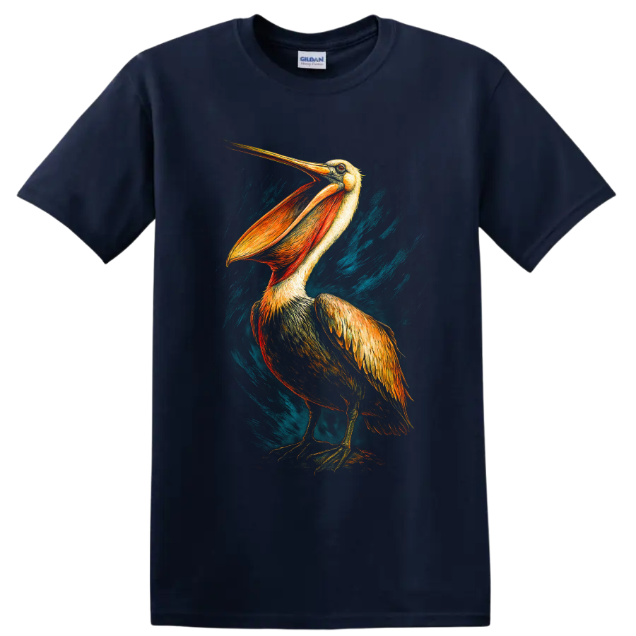 Dramatic hand-drawn pelican with golden feathers and teal coastal brushstrokes on a Navy (Blue) T Shirt