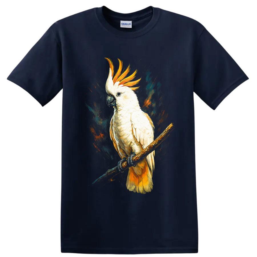 Sulphur-crested cockatoo perched on a branch in dramatic modern wildlife art on a Navy (Blue) T Shirt