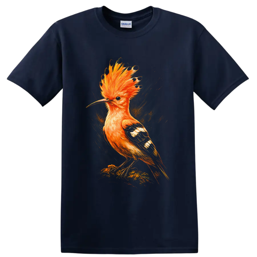 Vibrant artistic hoopoe bird with orange crest, patterned wings, and painterly background on a Navy (Blue) T Shirt