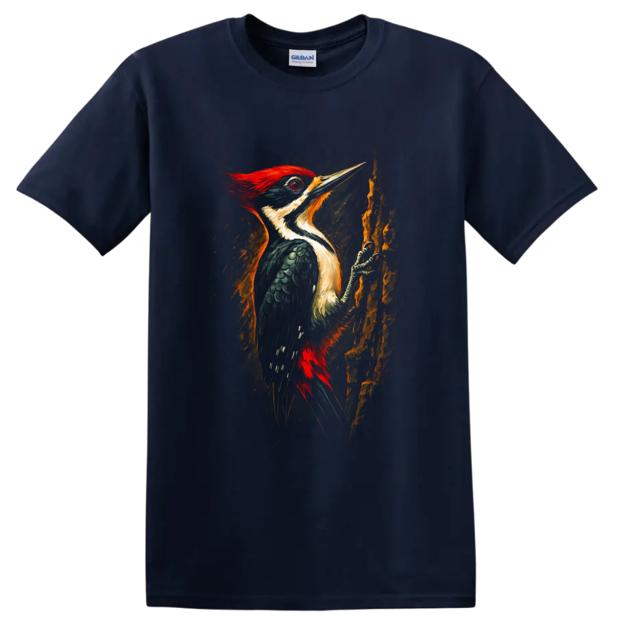Vibrant painterly pileated woodpecker perched on textured tree bark on a Navy (Blue) T Shirt