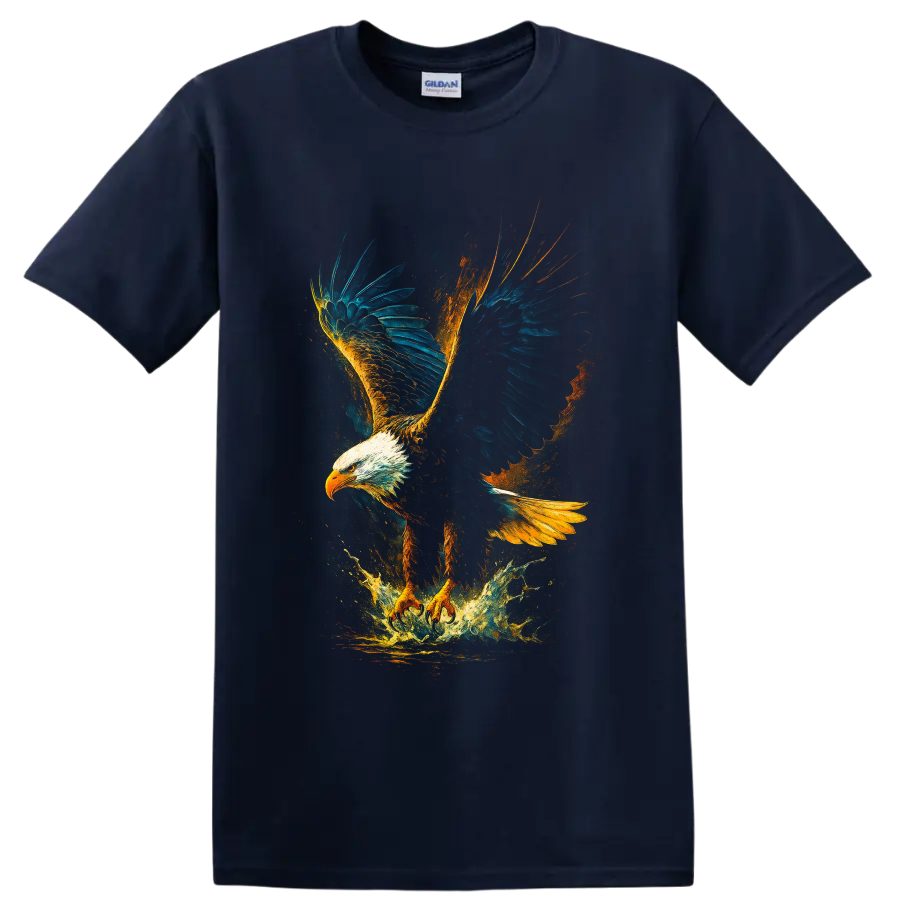 Soaring bald eagle wildlife art with blue wings, golden paint splashes, and water burst on a Navy (Blue) T Shirt