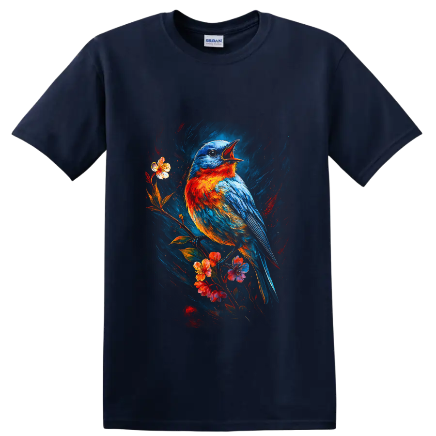 Eastern bluebird singing on a flowering branch in vivid painterly bird art on a Navy (Blue) T Shirt
