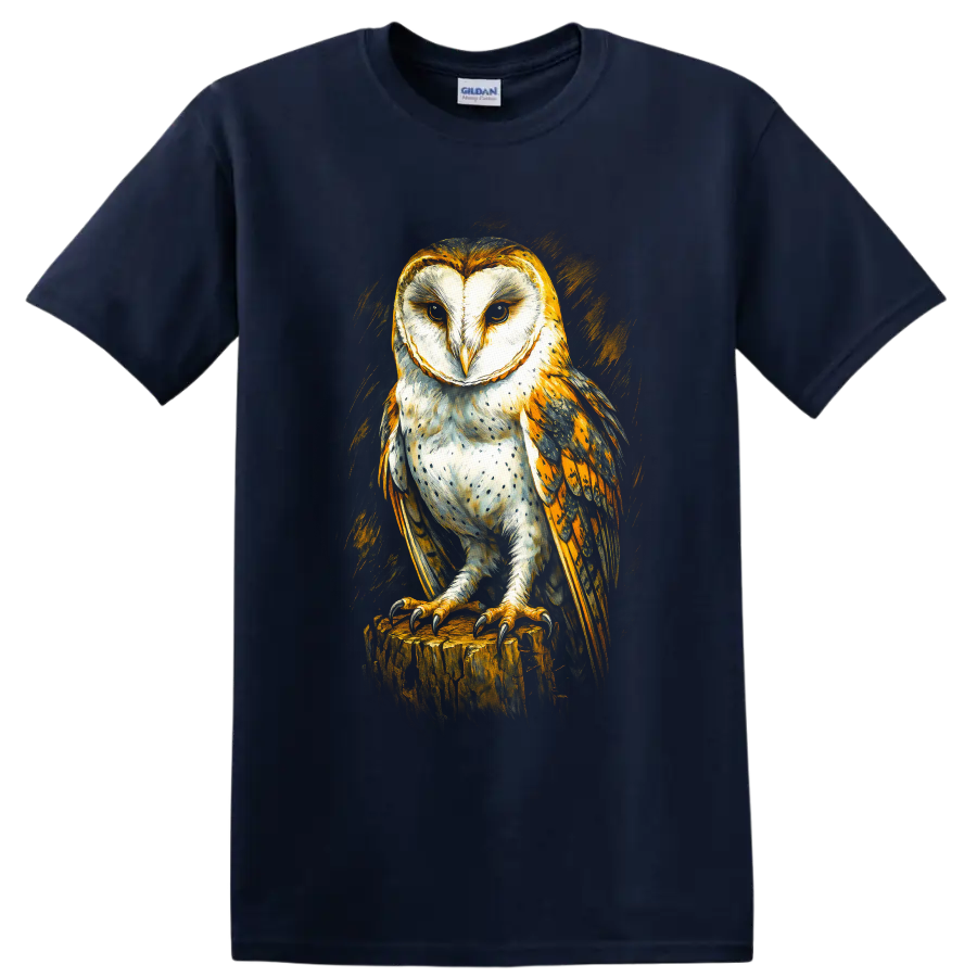 Realistic barn owl perched on a tree stump in dramatic golden painterly wildlife art on a Navy (Blue) T Shirt