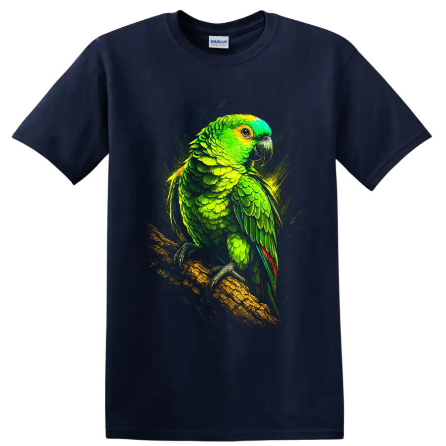 Dramatic neon-style Amazon parrot perched on a branch on a Navy (Blue) T Shirt
