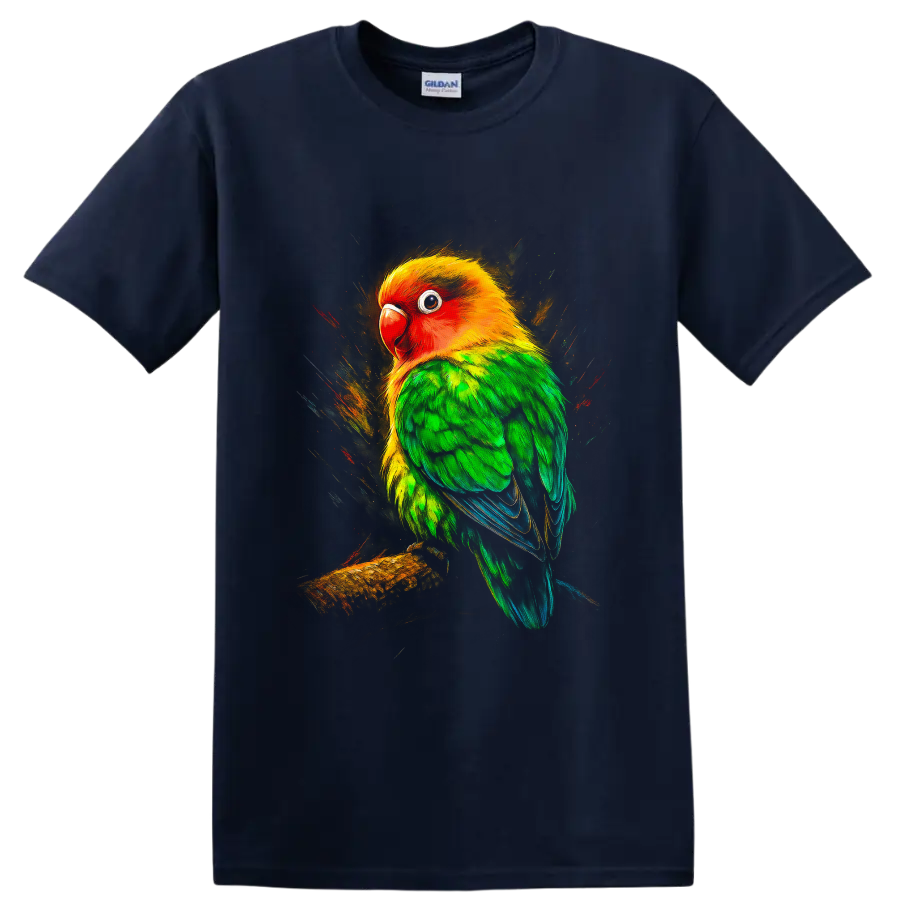 Vibrant sun conure parrot portrait on a branch with painterly tropical splashes on a Navy (Blue) T Shirt