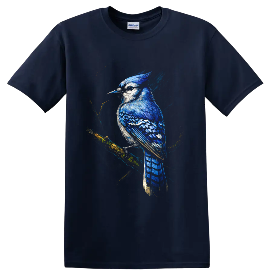 Painterly blue jay perched on a mossy branch with vivid blue feathers on a Navy (Blue) T Shirt