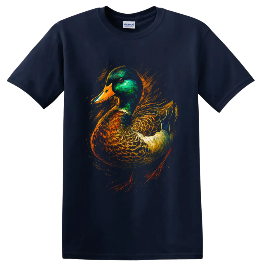 Realistic mallard drake portrait with vivid orange and gold painterly brushstrokes on a Navy (Blue) T Shirt