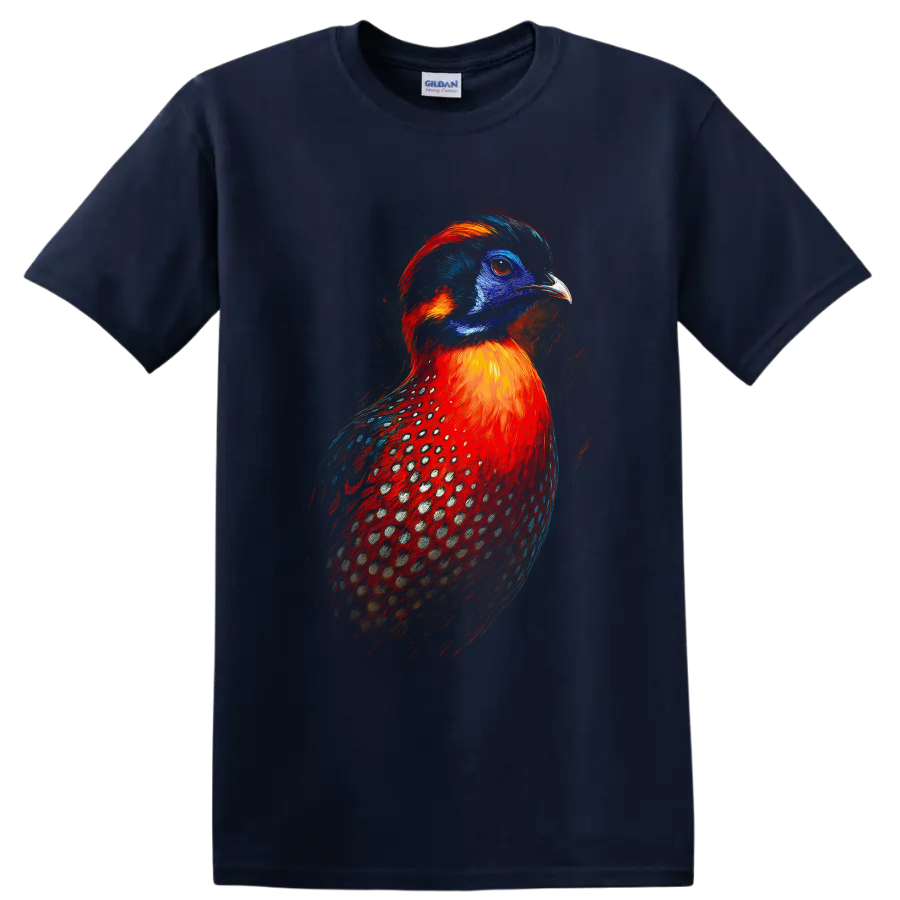 Vibrant painted Temminck's tragopan pheasant portrait with blue, red, and spotted plumage on a Navy (Blue) T Shirt