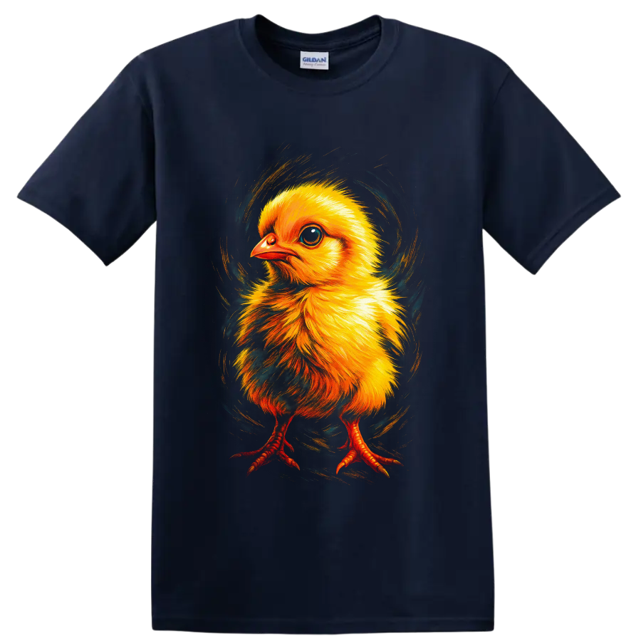 Colorful painted baby chick with yellow feathers and swirling teal brushwork on a Navy (Blue) T Shirt
