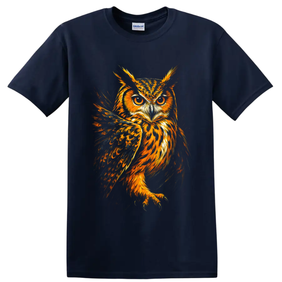 Fiery painterly Eurasian eagle-owl portrait with amber eyes and spread dark wings on a Navy (Blue) T Shirt