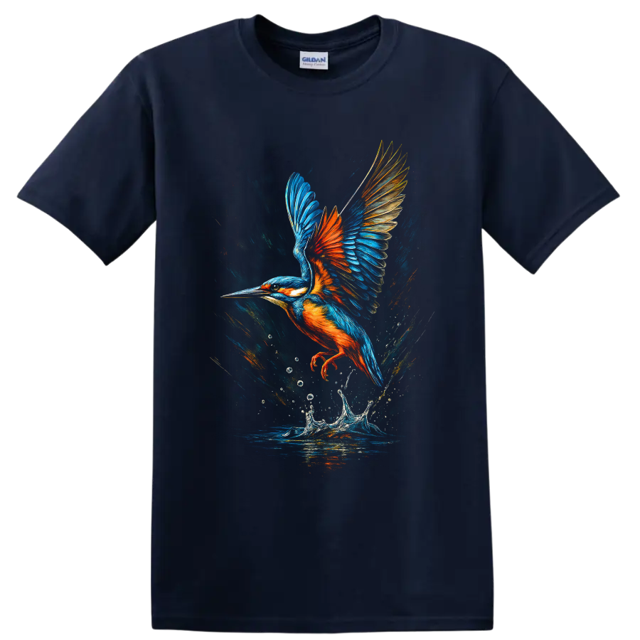Colorful kingfisher in flight above a water splash in painterly wildlife art on a Navy (Blue) T Shirt