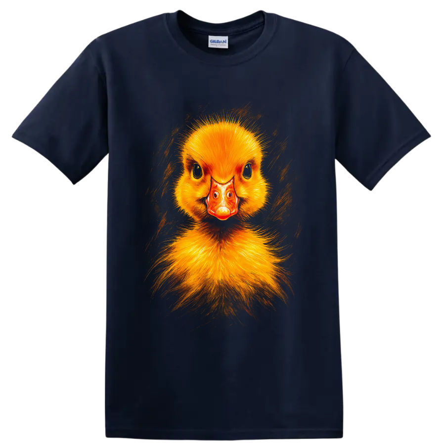 Modern realistic yellow duckling portrait with orange bill and painterly brush strokes on a Navy (Blue) T Shirt