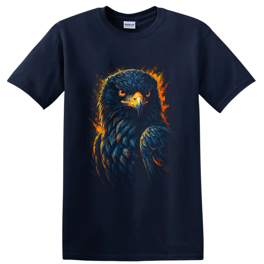 Fierce bald eagle portrait in blue and orange fiery paint-splash art on a Navy (Blue) T Shirt