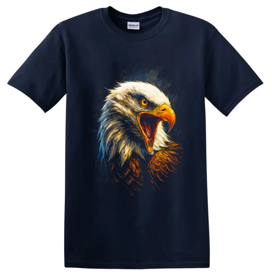 Roaring bald eagle portrait in vivid painterly gold, orange, blue, and dark tones on a Navy (Blue) T Shirt