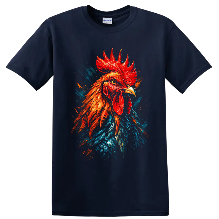 Realistic rooster portrait with red, orange, and blue paint-splash graphic art on a Navy (Blue) T Shirt