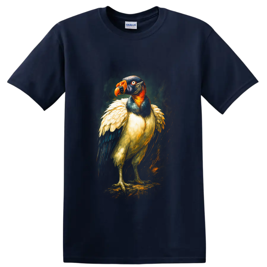 Painterly king vulture portrait with orange beak, colorful head, and layered feathers on a Navy (Blue) T Shirt
