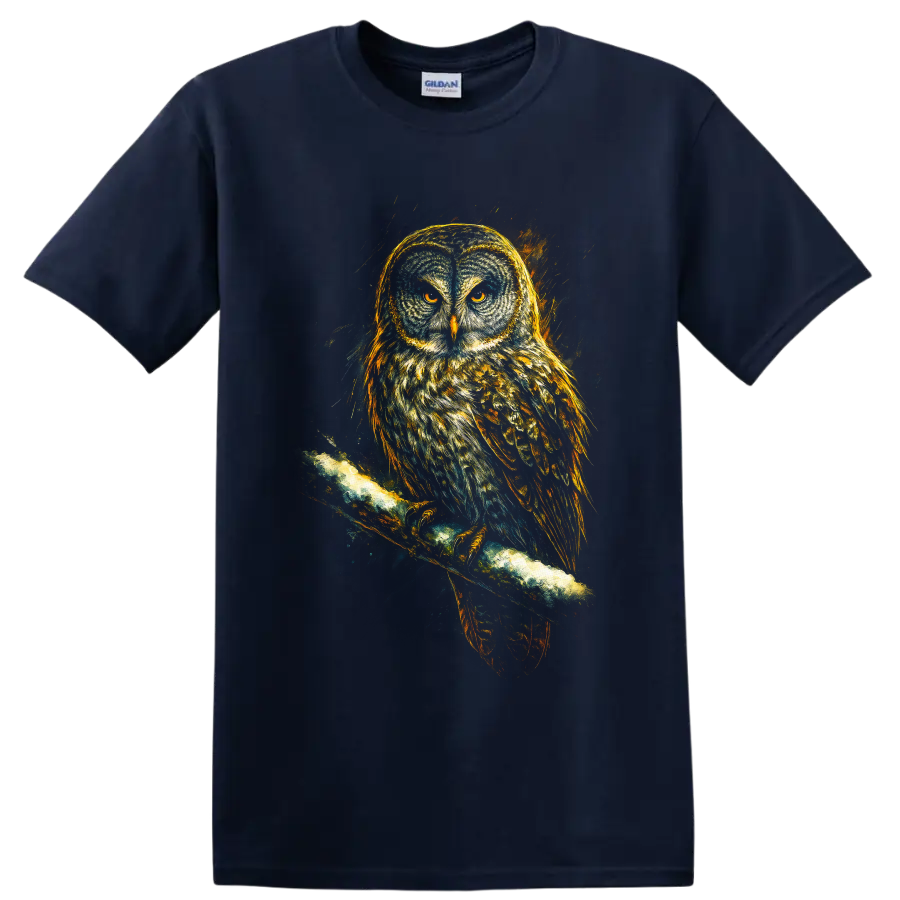 Realistic owl with amber eyes perched on a branch in dramatic nighttime wildlife art on a Navy (Blue) T Shirt