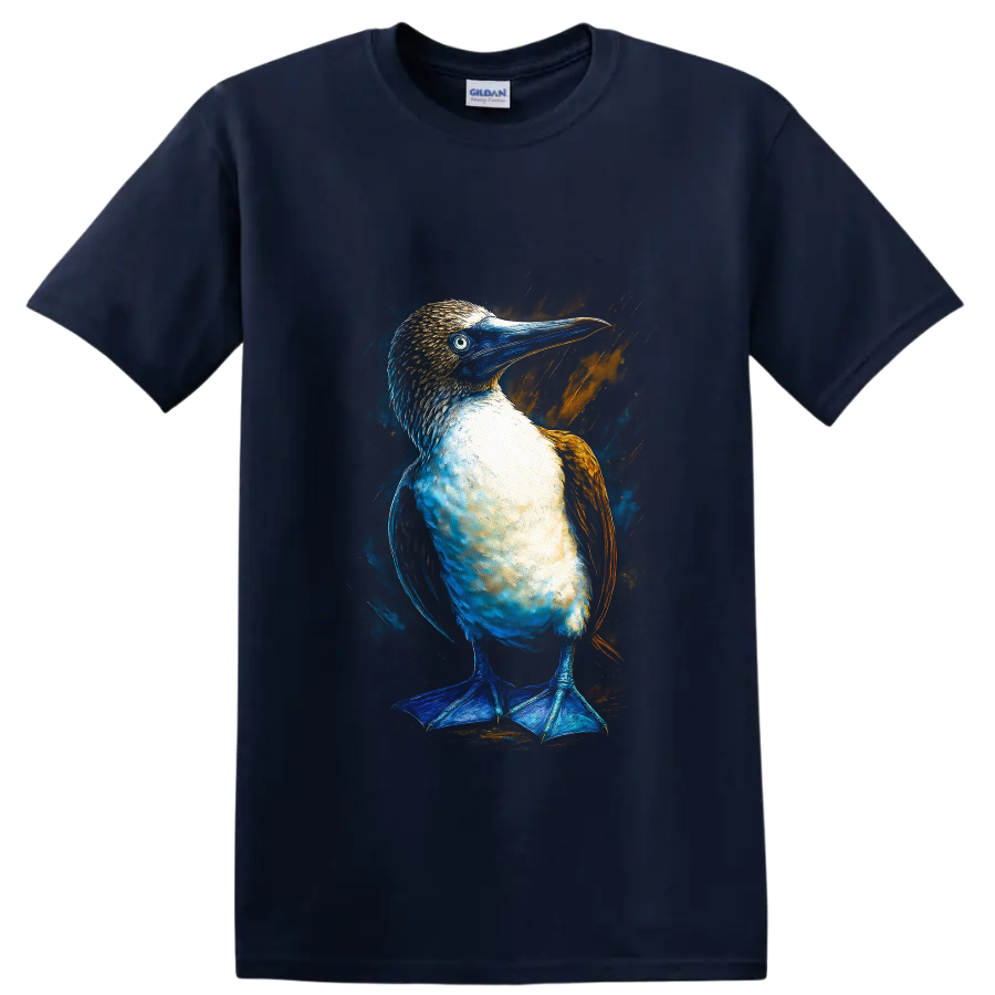 Blue-footed booby portrait in vivid blue and orange modern paint-splash style on a Navy (Blue) T Shirt