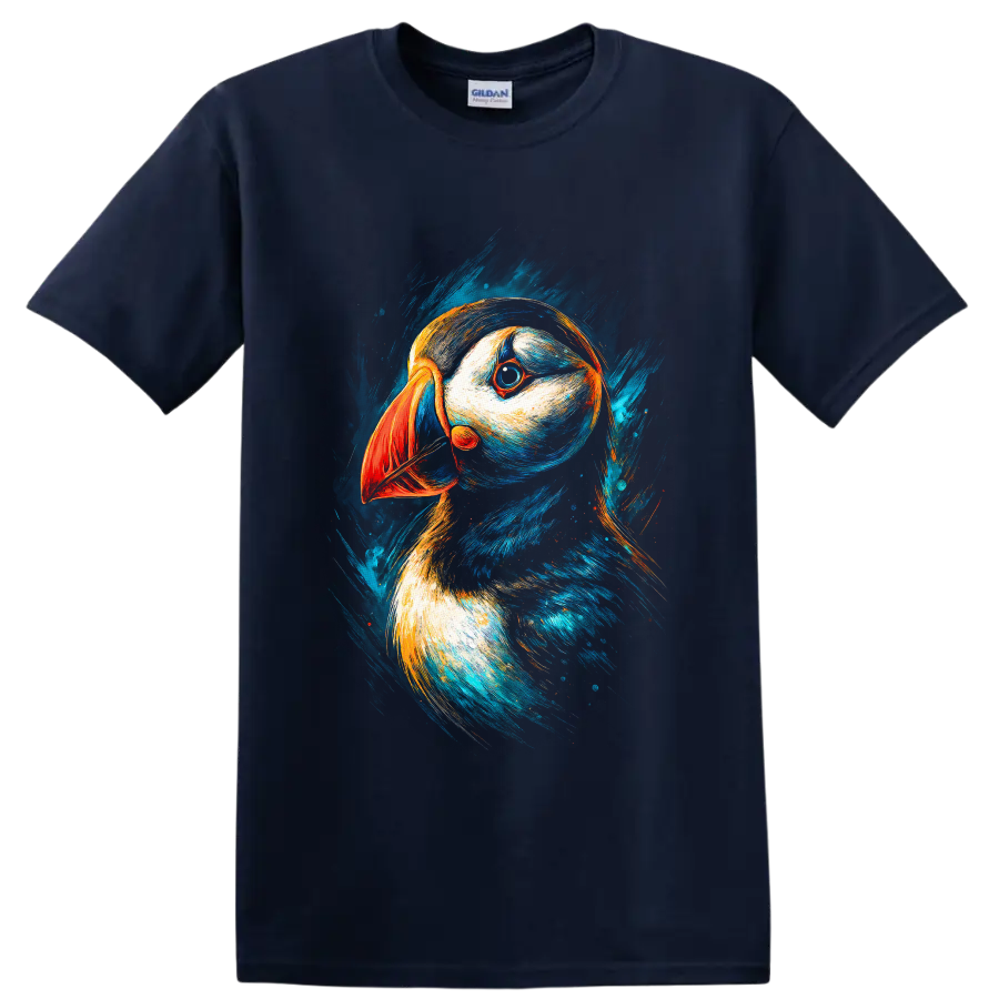 Modern puffin portrait with orange beak and vivid blue painterly brushstrokes on a Navy (Blue) T Shirt