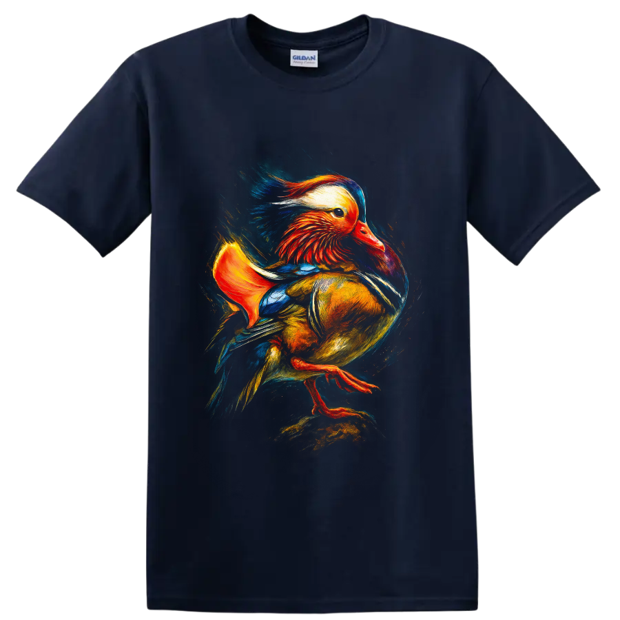 Colorful painterly Mandarin duck wildlife graphic with vivid sweeping feathers on a Navy (Blue) T Shirt