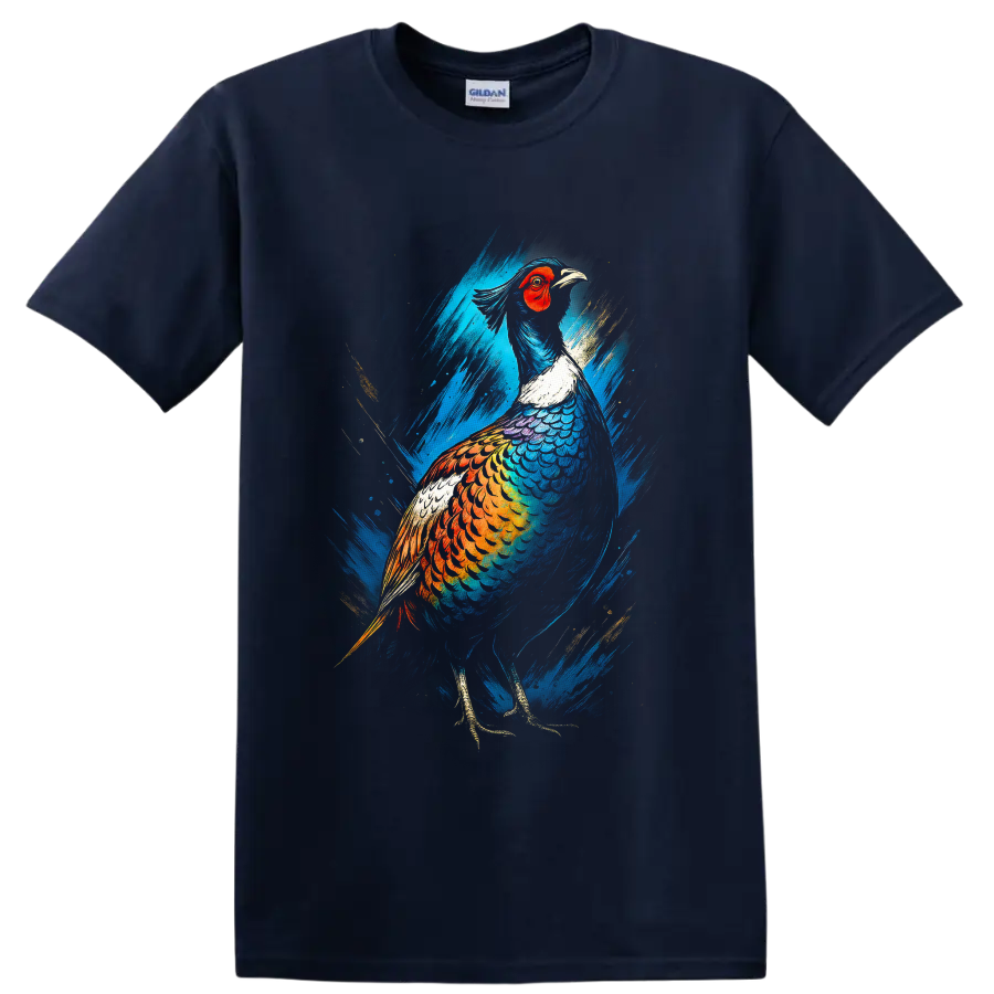 Colorful pheasant in modern blue and gold brushstroke wildlife art on a Navy (Blue) T Shirt