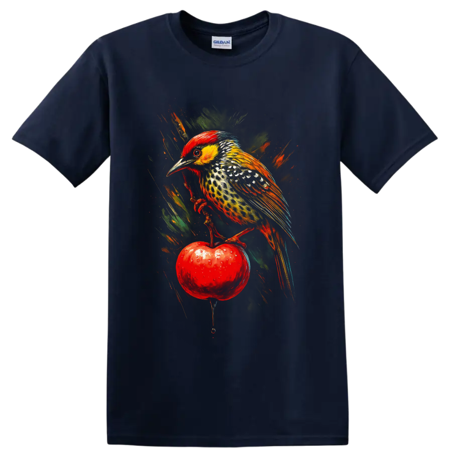 Coppersmith barbet perched on a red apple in vivid painterly wildlife art on a Navy (Blue) T Shirt