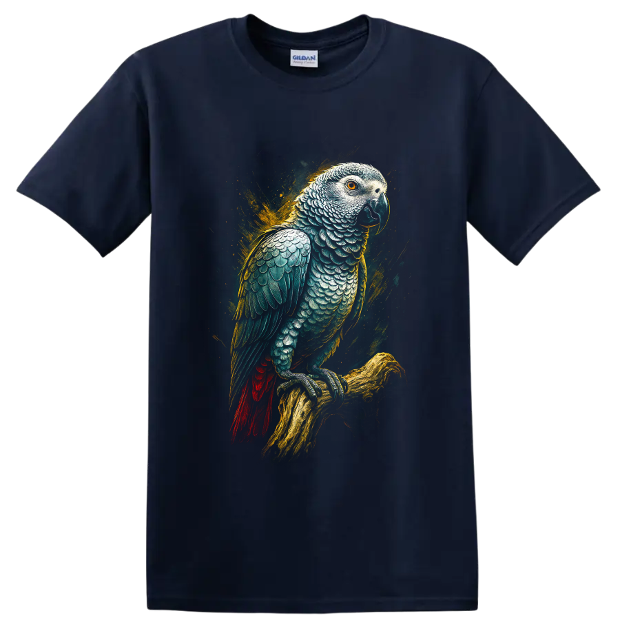 Modern realistic African grey parrot perched on a branch with golden paint splashes on a Navy (Blue) T Shirt