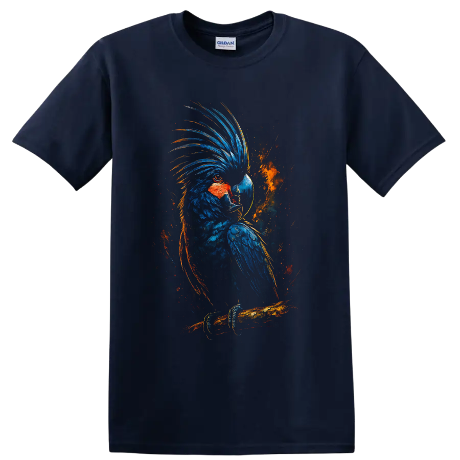 Blue Macaw parrot perched on a branch in dramatic blue and orange painterly wildlife art on a Navy (Blue) T Shirt
