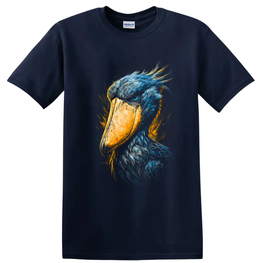 Shoebill stork portrait in blue feathers with a golden bill and painterly orange accents on a Navy (Blue) T Shirt