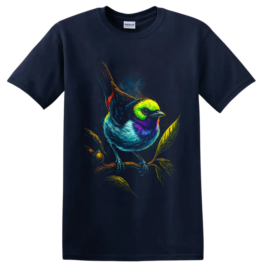 Vibrant painted bunting illustration perched on a leafy branch in neon wildlife art on a Navy (Blue) T Shirt
