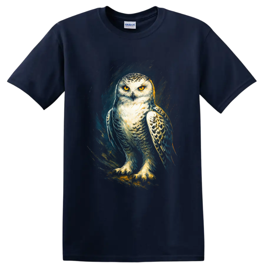 Snowy owl with golden eyes in dramatic teal and gold painterly wildlife art on a Navy (Blue) T Shirt