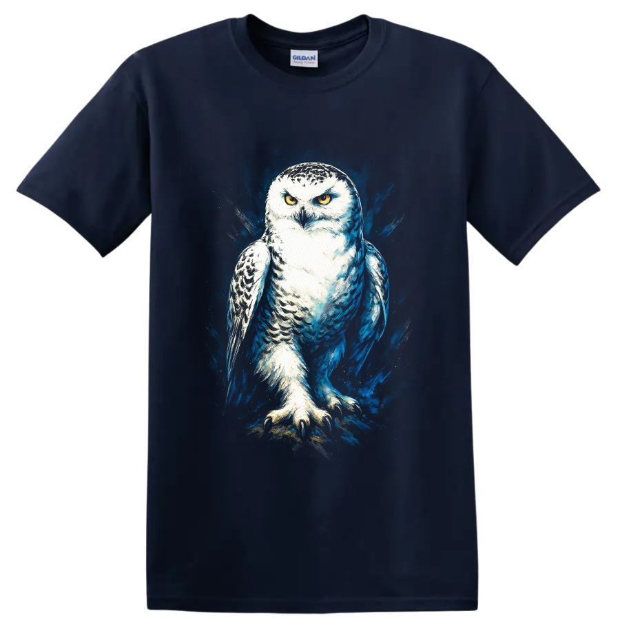 Snowy owl with golden eyes in dramatic blue paint splash wildlife art on a Navy (Blue) T Shirt