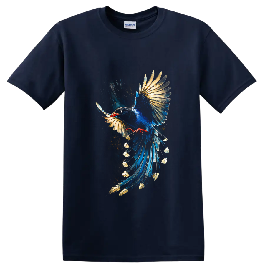 Blue magpie in flight with gold-tipped feathers and painterly brushstroke art on a Navy (Blue) T Shirt