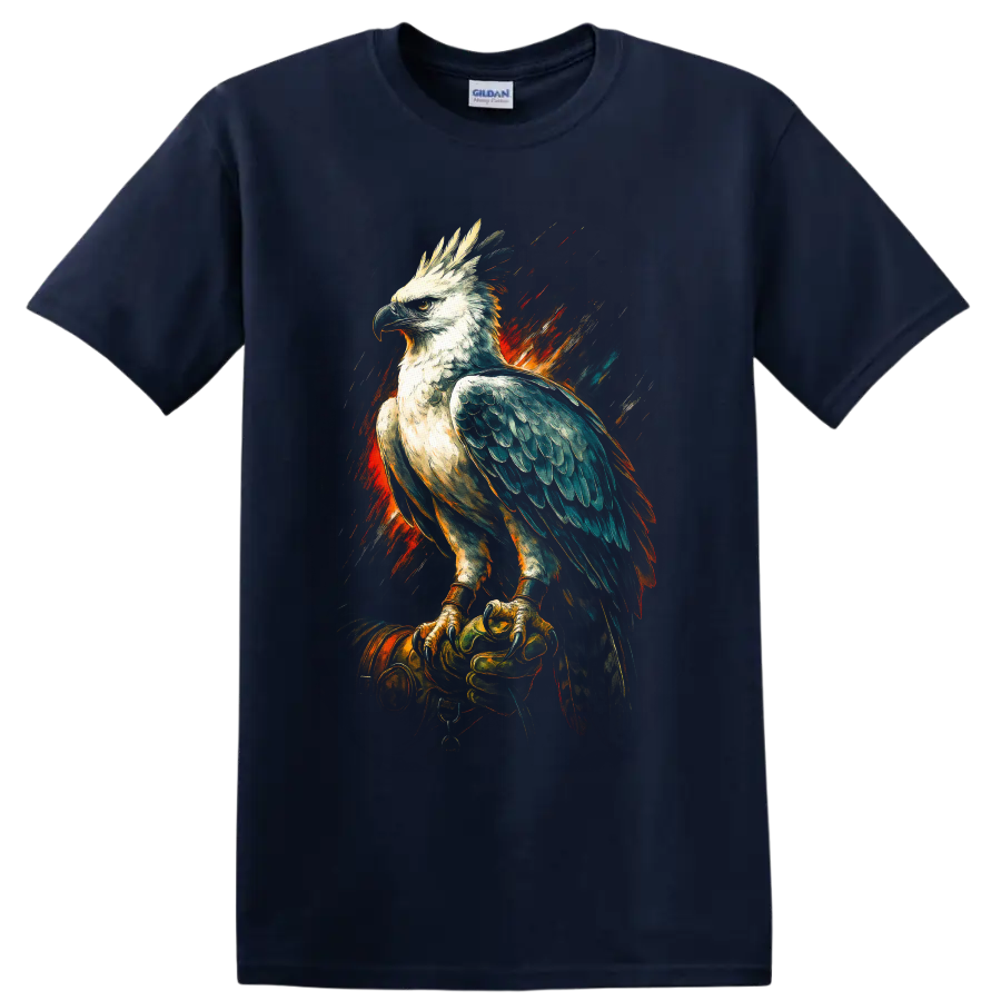 Harpy eagle on a gloved hand in dramatic fiery painterly wildlife art on a Navy (Blue) T Shirt