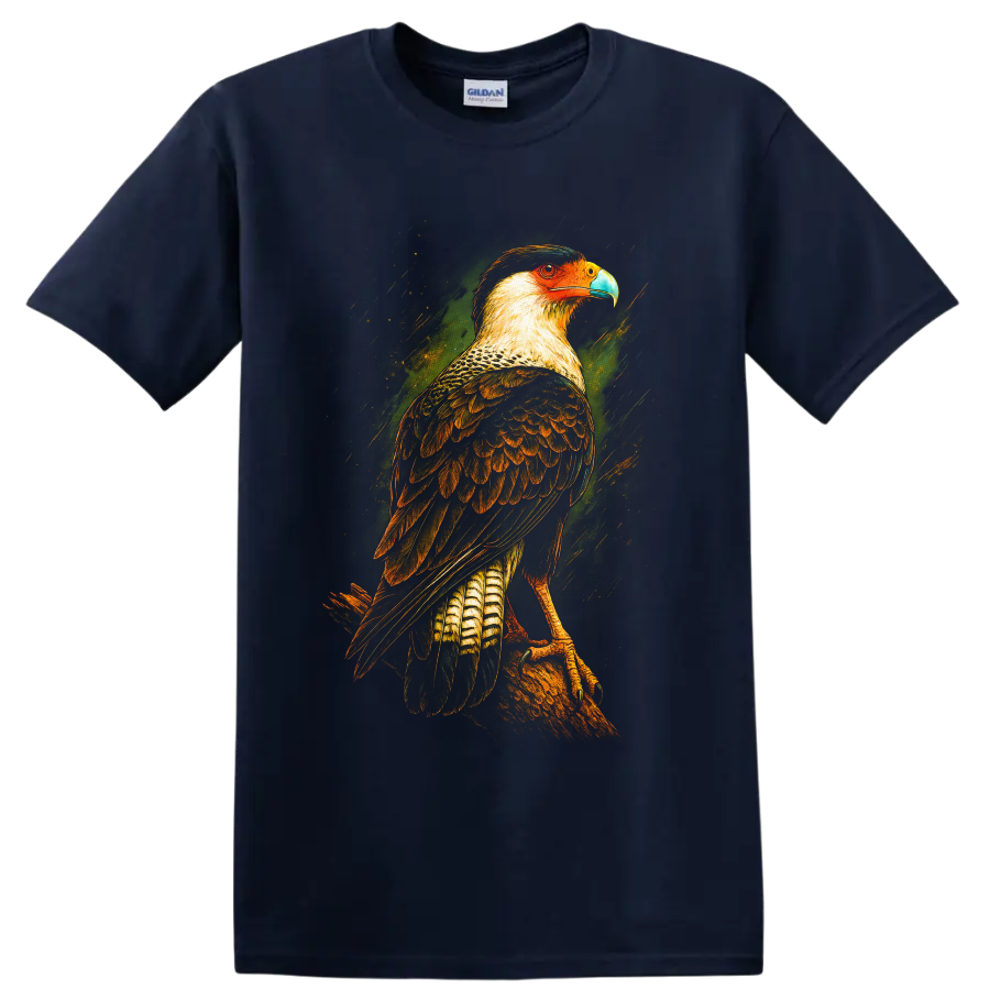 Crested caracara raptor in colorful painted wildlife art perched on a branch on a Navy (Blue) T Shirt
