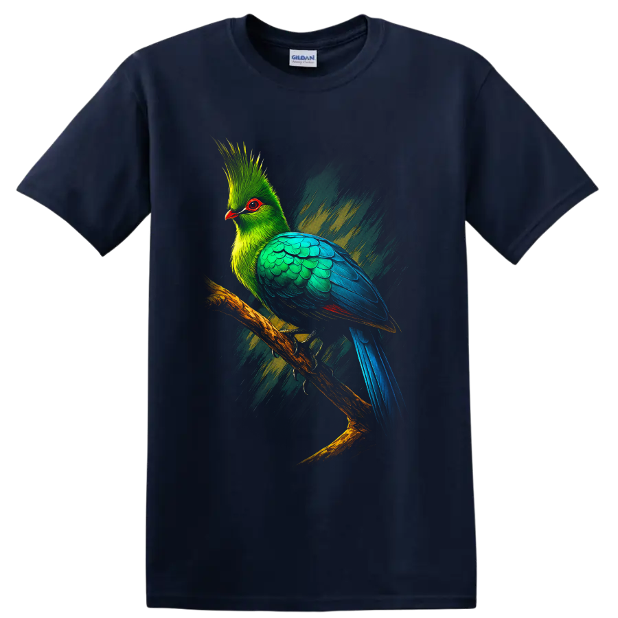 Great Blue Turaco in vibrant modern brushstroke bird art perched on a branch on a Navy (Blue) T Shirt