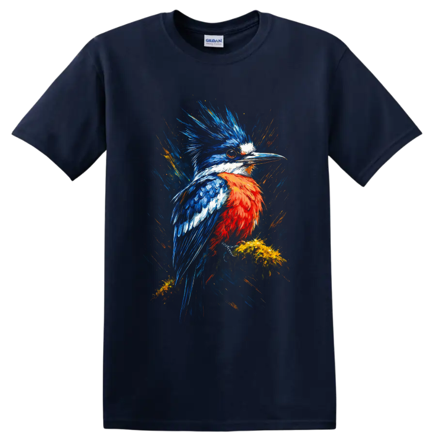 Crested Kingfisher in vivid blue and orange painterly wildlife art on a Navy (Blue) T Shirt