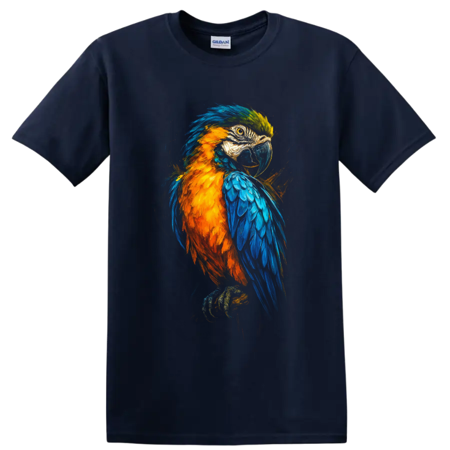 Colorful painterly macaw parrot portrait with blue and orange feathers on a Navy (Blue) T Shirt