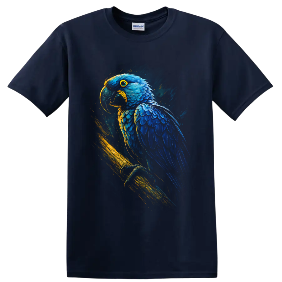 Blue macaw parrot portrait in vivid blue and gold painterly tropical art on a Navy (Blue) T Shirt