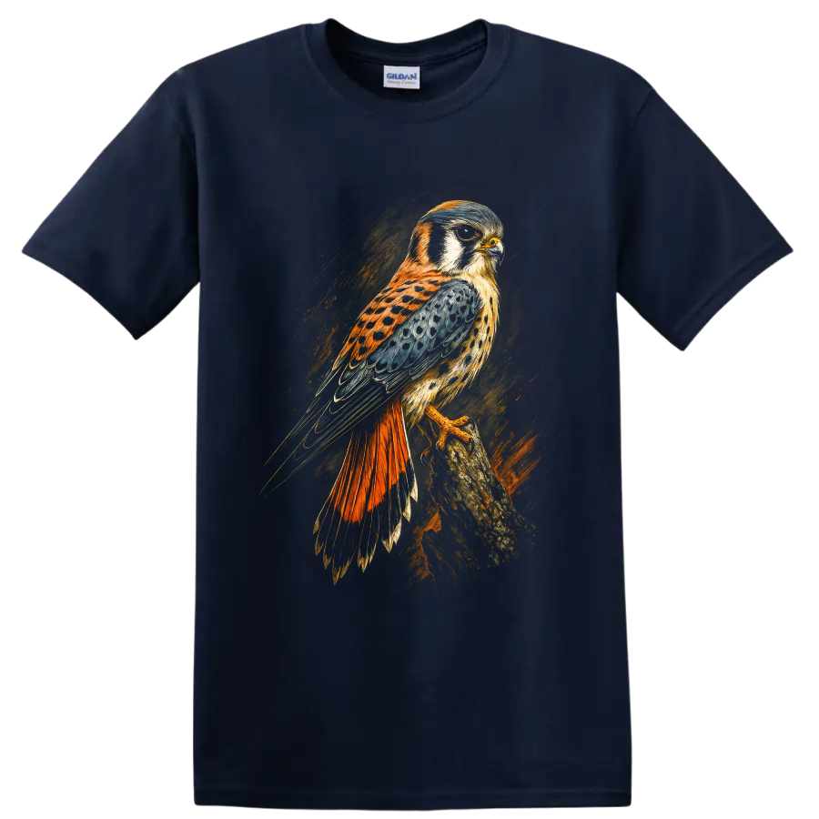 American kestrel falcon perched on a branch in dramatic textured wildlife art on a Navy (Blue) T Shirt