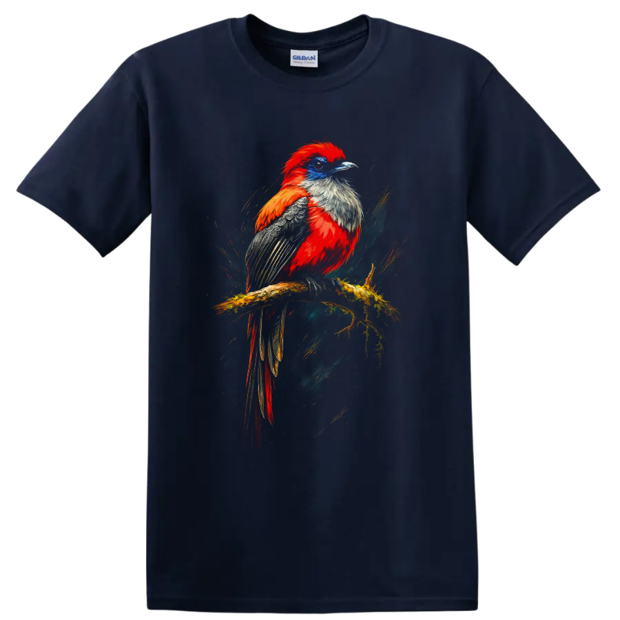 Vibrant trogon perched on a mossy branch in expressive painted wildlife art on a Navy (Blue) T Shirt