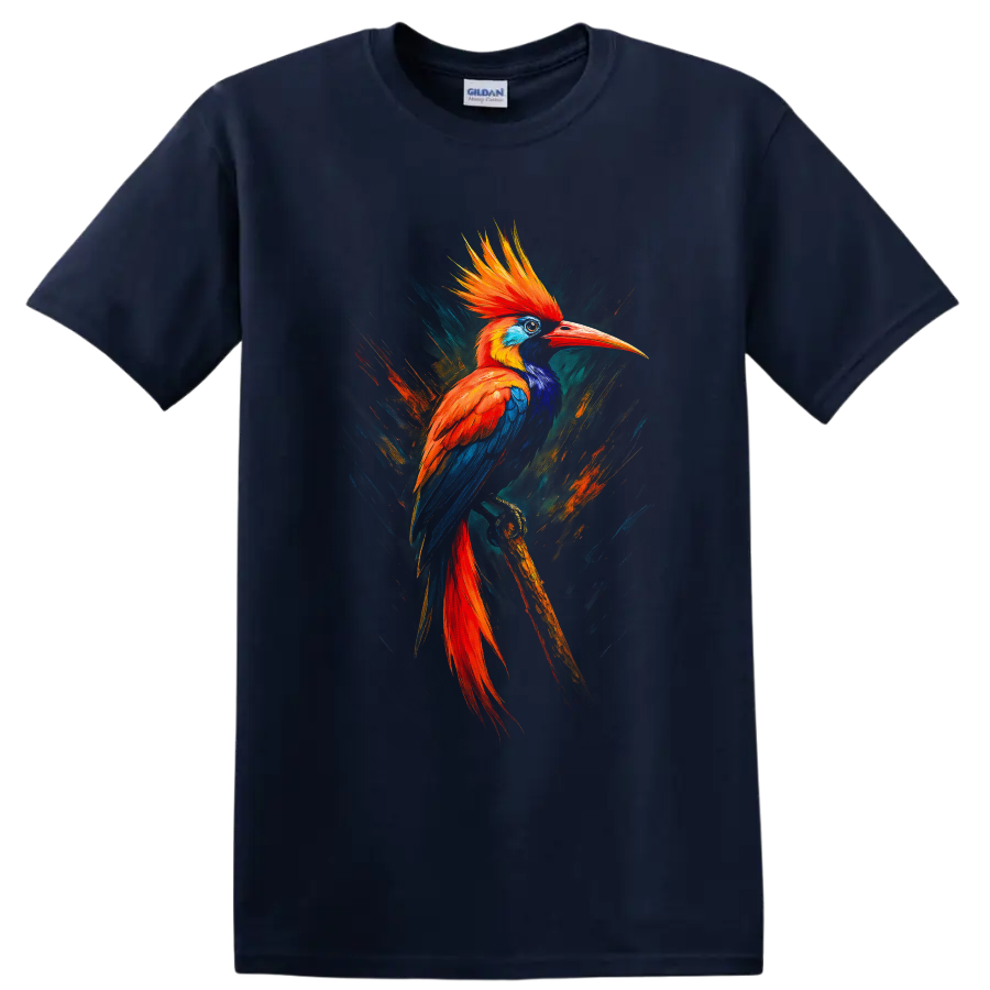 Vibrant painterly hornbill bird with orange crest and blue wings on a branch on a Navy (Blue) T Shirt