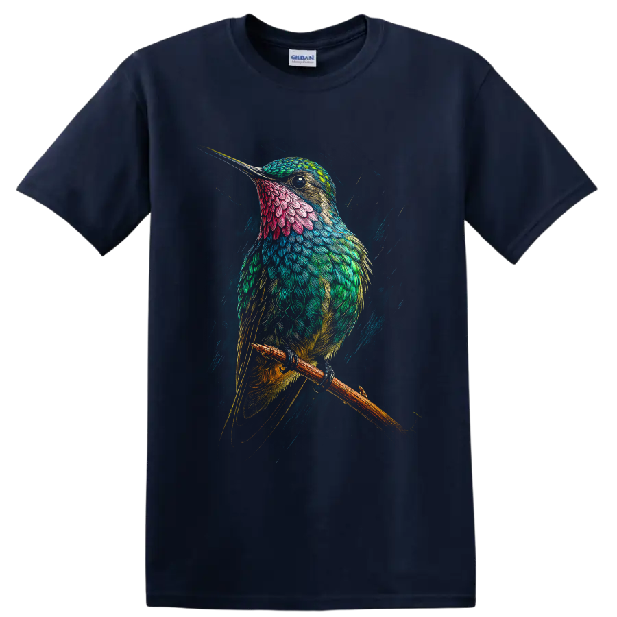 Colorful hummingbird perched on a branch in modern detailed feather art on a Navy (Blue) T Shirt