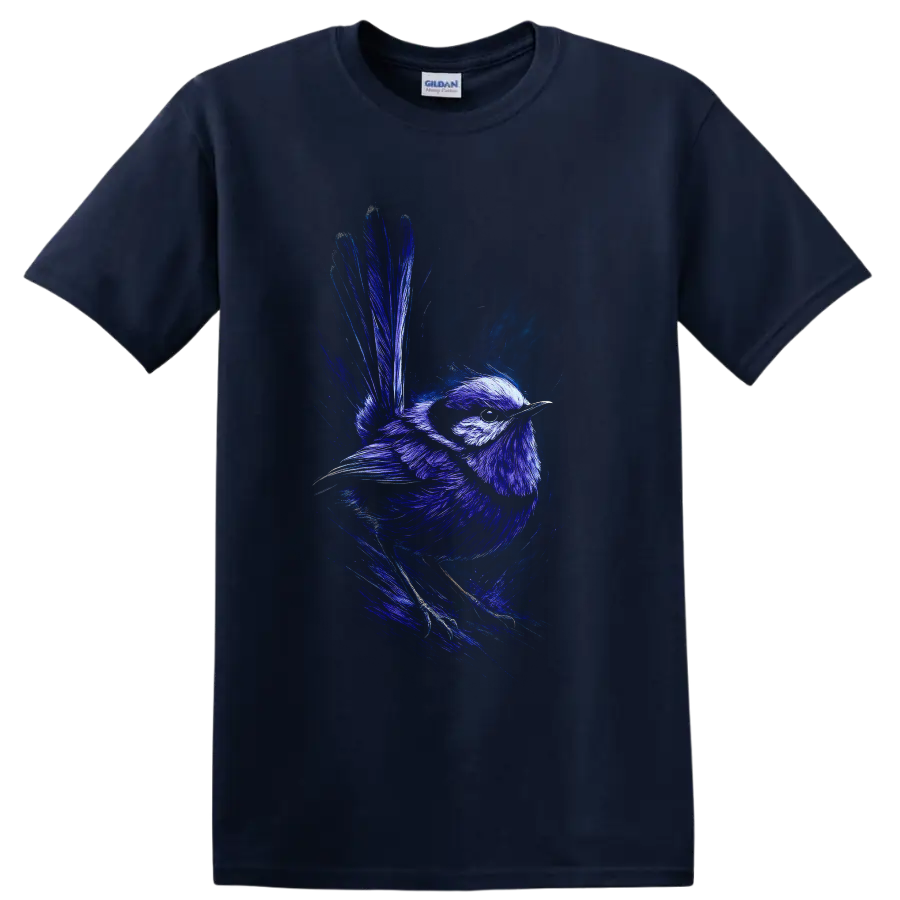 Superb fairywren in vivid blue dynamic wildlife sketch art with raised tail on a Navy (Blue) T Shirt