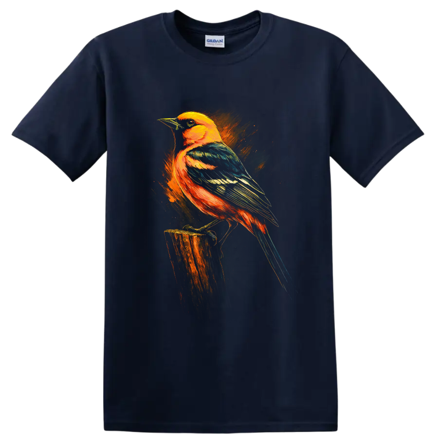 Baltimore oriole perched on a stump in vivid orange, teal, and blue painterly art on a Navy (Blue) T Shirt