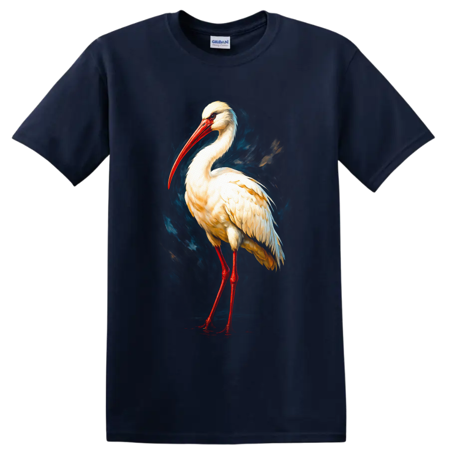 Modern painted white stork portrait with red bill and legs on blue brushstroke art on a Navy (Blue) T Shirt