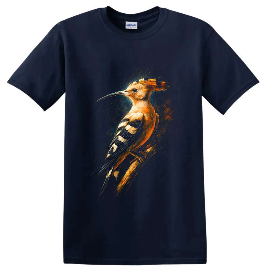 Dramatic painterly hoopoe bird with orange crest, curved bill, and patterned wings on a Navy (Blue) T Shirt