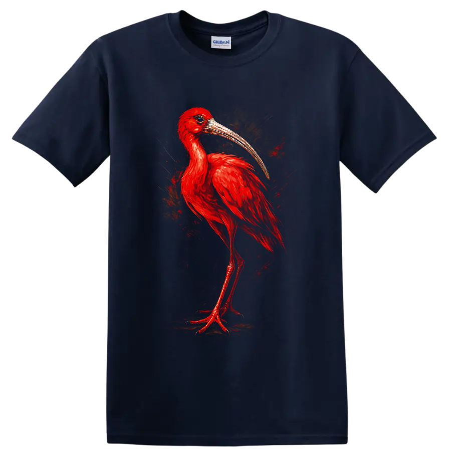 Painterly scarlet ibis portrait with vivid red feathers and a long curved bill on a Navy (Blue) T Shirt