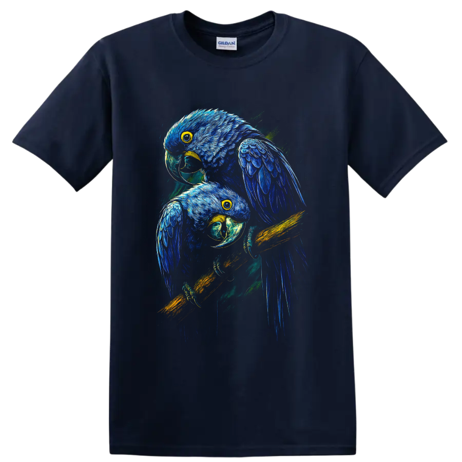 Two blue macaw parrots in vivid modern tropical wildlife illustration on a Navy (Blue) T Shirt